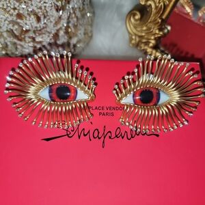 Schiaparelli Red Eye Design Stud Earrings - Gold and Red
